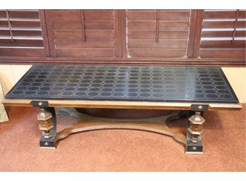 Vintage Unique Carved Bench With Cast Iron Accents, Brass Hardware & Patterned Slate Top