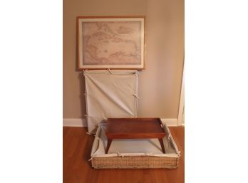 Woven Reed & Cloth Under Bed Storage Bins, Wood Breakfast Tray & Framed Map Of The Caribbean