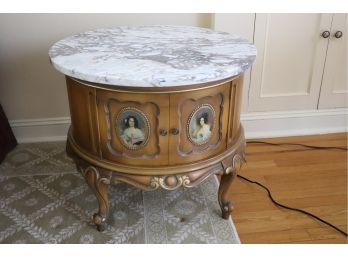Vintage Marble Topped French Style Drum Cabinet Side Table With Painted Portrait On Doors