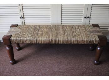 Vintage Rush Style Woven & Wood Bench With Turned Legs