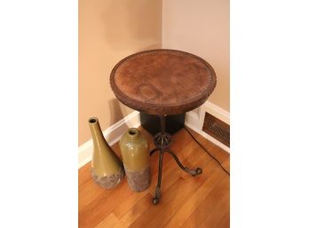 Unique & Eclectic Vintage Decorative Accessories  Inlay Map Surface Wood & Metal Pedestal Table & Vase P