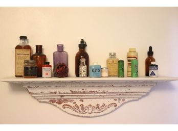 Assorted Vintage & Antique Apothecary Bottles & Tins - Approx. 16 With Decorative Wall Shelf