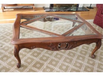 Ethan Allen Style Traditional Scrolled Leg Coffee Table With Center Diamond & 5 Beveled Glass Inserts