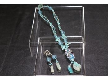Hand Crafted Costume Jewelry By Sugar Jewlz  Blue Bead & Sea Glass Pendant Necklace & Earrings