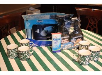 Car Cleaning Essentials & 6 Green And White Splatter Ware Metal Mugs