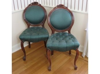 Pair Of Vintage Hand Carved French Style Tufted Seat Upholstered Side Chairs