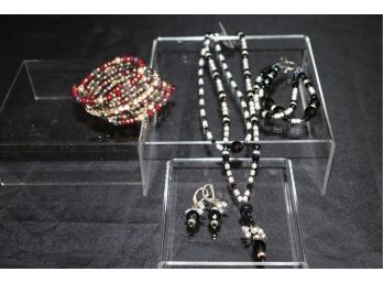 Hand Crafted Costume Jewelry By Sugar Jewlz   Double Strand Black Faceted Bead Necklace & Bracelet