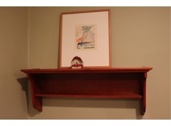 Vintage Ethan Allen Wall Shelf, Art Glass Paperweight & Elizabeth Schippert Stamped/Signed Lithograph
