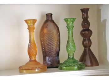 Collection Of Vintage Pressed Glass  3 Candlestick Holders & Bottle