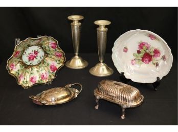 Lot Of Vintage Silver Plated Pieces And Hand Painted Porcelain Dishes By Nippon & Bavaria