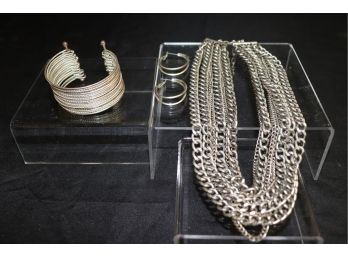 Multi Strand Silver Finish Necklace, Hoop Pierced Earrings & Multi Strand Cuff Bracelet