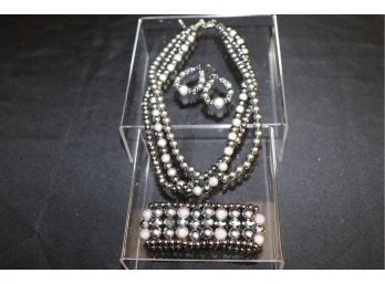 Fine Costume Jewelry - Gunmetal & Metallic Beaded Necklace, Bracelet & Dangly Hoop Pierced Earrings