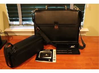 Samsonite Hard Shell Leather Briefcase, 2 Cross Pens & Black Leather Monogrammed Bottle Holder