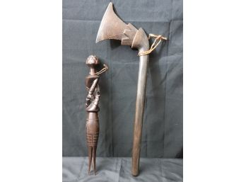 Vintage Hand Carved Ceremonial Axe & Fork From Fiji