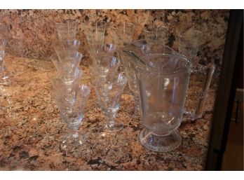 Lot Of Vintage Etched Glassware  5 Pilsner, 10 Footed Goblets & Pressed Glass Footed Pitcher