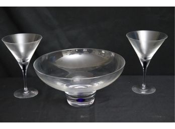 Orrefors Intermezzo Blue - Clear & Cobalt Blue Teardrop Crystal Bowl & Pair Of Martini Glasses, Made In Sw