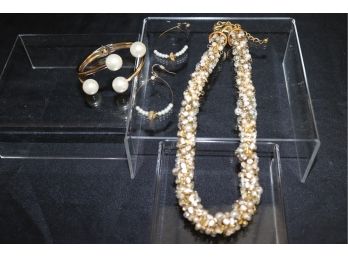 Kenneth Lane Crystal & Faux Pearl Gold Finish Necklace, Spring Clasp Bracelet & Dangly Hoop Earrings