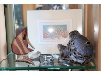 Vintage Hand Carved Figurines, Vintage Ceramic Sculpture & Vintage Hawaiian Turkeyfish Framed Art Signed