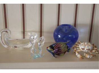 Lot Of Vintage Crystal Pieces By Steuben, Swarovski, Kosta Boda & 2 Sea Creature Enamel Pill Boxes By Ciel
