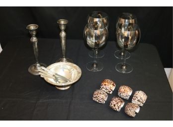Lot Of Vintage Sterling Silver Serving Pieces, 4 Red Wine Glasses & Tortoise Shell Napkin Holders