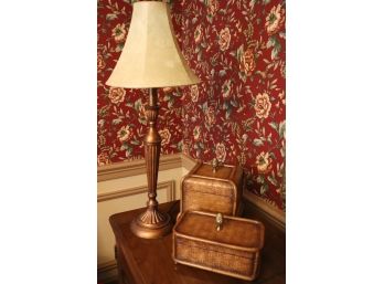 Vintage Faux Finish Metal Table Lamp With Faux Leather Shade & 2 Wooden Trinket Boxes With Brass Hardware