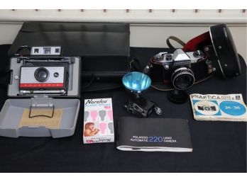 Lot Of Vintage Cameras & Accessories By Polaroid, Practika, Carl Zeiss Jena Lens & Norelco Flash Bulbs