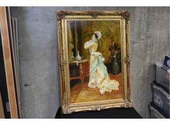 Vintage Giclee On Canvas Signed J Thomas In Ornate Carved & Gilded Frame  Depicting Woman In Boudoir