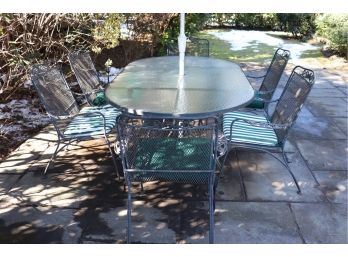 Quality Vintage Fortunoff Cast Iron & Glass Oval Patio Table Dining Set With 6 Arm Chairs & Umbrella