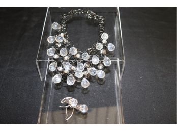 Hand Crafted Costume Jewelry By Sugar Jewlz  Faceted Clear Crystal Like Chain Necklace With Matching Ear