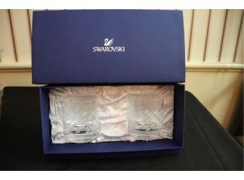 Pair Of Swarovski Crystal Etched Double Old Fashioned Glasses In Original Box