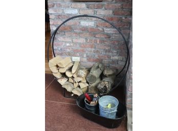 Vintage Wrought Iron Fire Log Holder, Logs & Metal Bins With Fire Starting Accessories