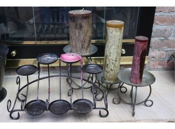 Vintage Assorted Metal Pillar Candle Holders & 3 Unused Colorful Wax Candles