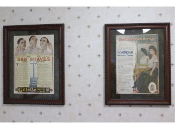 Pair Of Framed Vintage Beauty Advertisements  Gillette Safety Razor & Pompeian Massage Cream