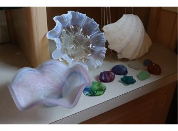 Eclectic Lot Of Vintage Assorted Art Glass Pieces & Vintage Shell