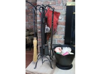 Vintage 5 Piece Heavy Wrought Iron Fireplace Toolset With Twisted Detail Stand & Black Metal Tin Bucket