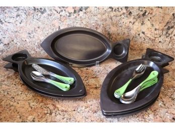 Vintage Black Ceramic Fish Shape Dishes & Retro Style Metal Flatware With Green Painted Handles