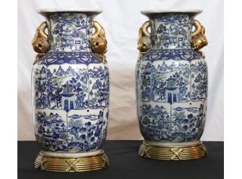 Pair Of Vintage Blue & White Chinoiserie Urns With Metallic Gold Glazed Pomegranate Handles & Brass Bases