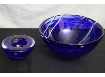 Pair Of Kosta Boda Cobalt Blue Bowls  Contrast Bowl & Votive Bowl, Made In Sweden