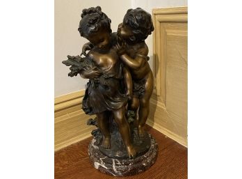 Vintage Telling Secrets Heavy Bronze Sculpture Reproduction With Beveled Marble Base