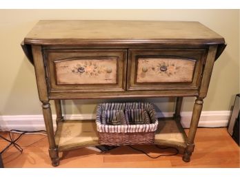 Vintage Peter Andrews Hand Painted Demilune Drop Leaf Console Table With 2 Cabinet Doors & Open Shelf