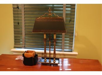 Vintage Quality Heavy Brass & Metal Table Lamp With Metal Shade With Bell Flower Inspired Pattern