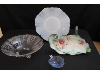 Lot Of Vintage Serving Pieces  Etched Footed Glass Bowl, Opalescent Depression Glass Platter & More!
