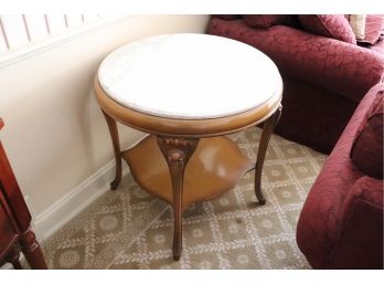 Vintage Beveled Marble Topped Round Occasional Table With Shelf & Scrolled Legs