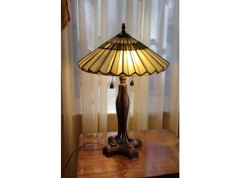 Vintage Tiffany Style Slag Glass Table Lamp With Molded Metal Base In Faux Painted Copper Finish