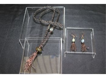 Hand Crafted Costume Jewelry By Sugar Jewlz  30 Inch Long Chain & Stone Necklace With Matching Earrings