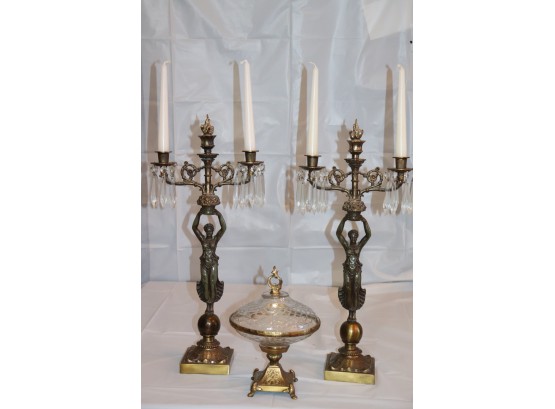 Pair Of Gorgeous Brass & Metal Art Nouveau Style Candelabras With Brass Lacquered Candy Dish