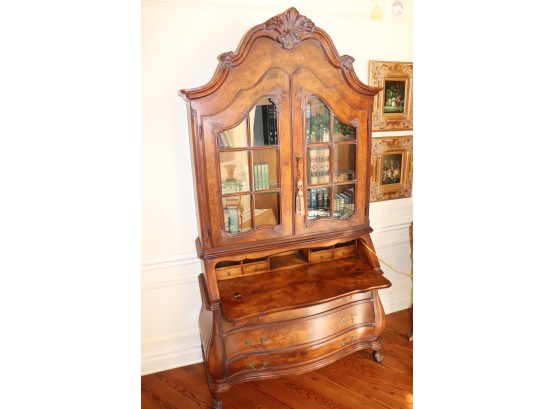 Gorgeous Secretary Desk With Carved Detail & Burlwood Style Finish - Books Are Not Included