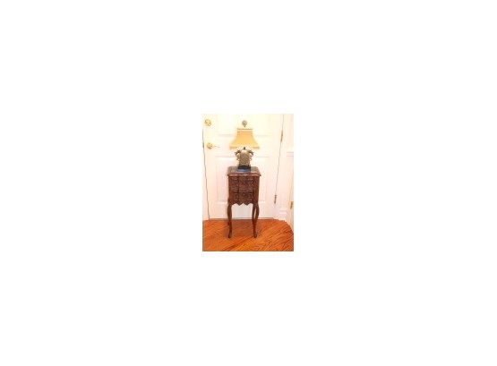Chelsea House Designer Lamp With Asian Motif & Vintage Carved Wood Nightstand With Marble Top