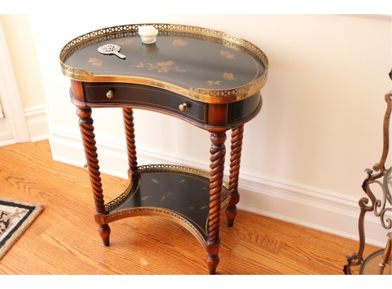 Curved Stenciled Side Table With Brass Gallery Rail & Barley Twisted Legs Includes Small Decorative Mirror