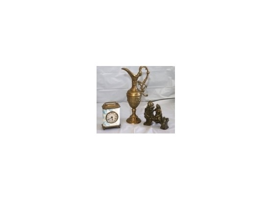 Decorative Clock By Twos Company With Heavy Metal Brass Finished Pitcher & Brass Victorian Style Bookend
